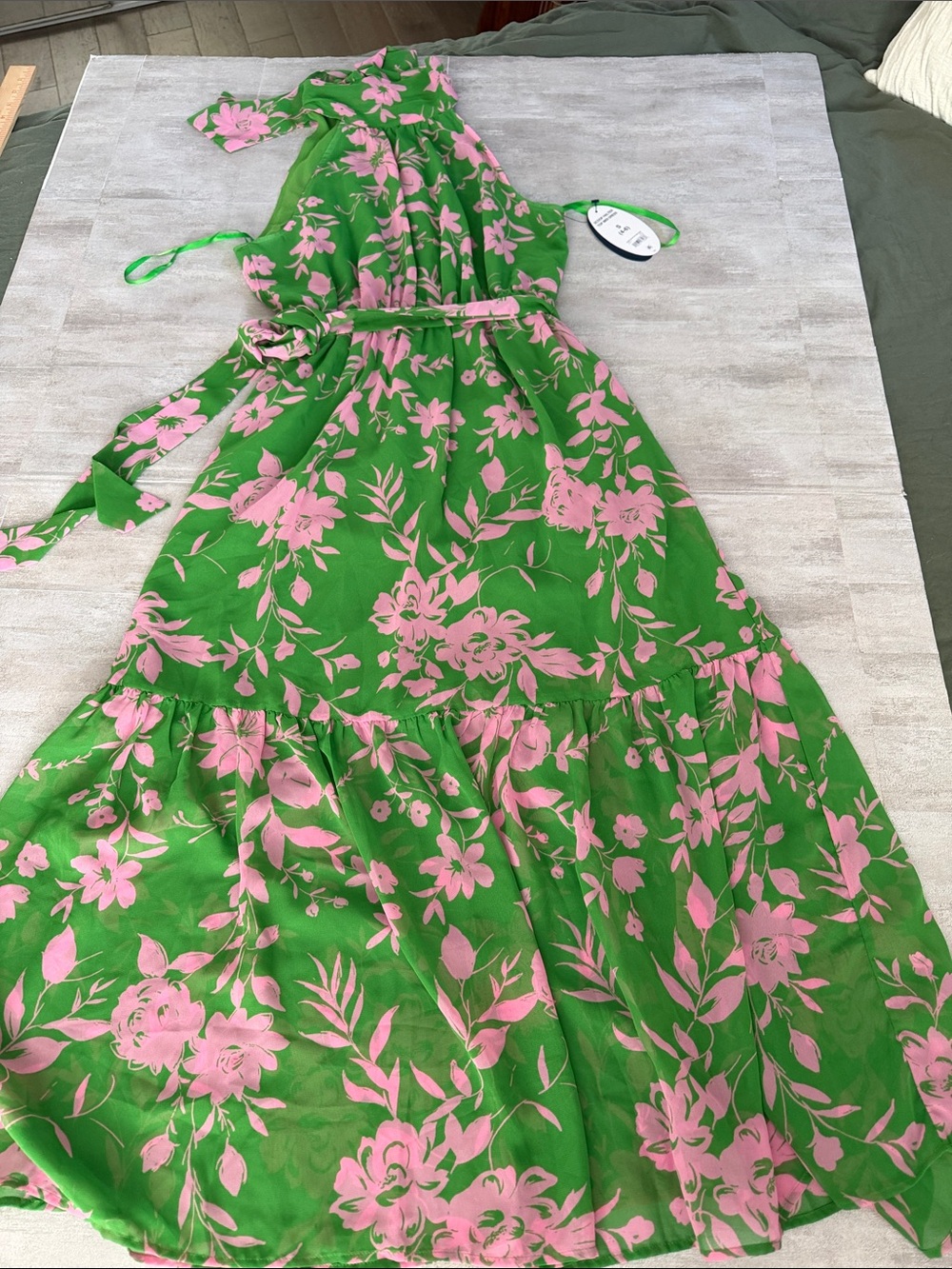 Green Floral Midi Dress with Pink Flowers- NWT- Sz Small